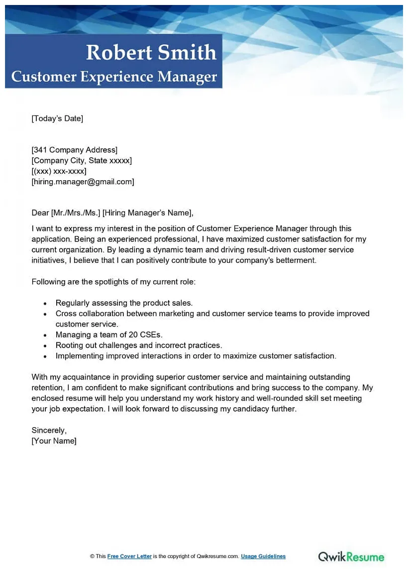 Experienced Professional Cover Letter