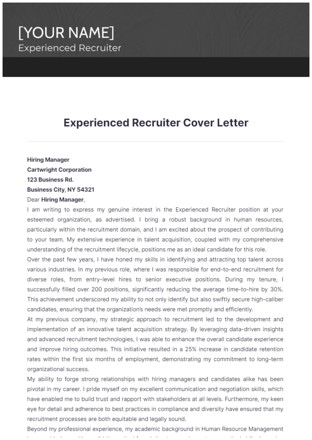 Free Experienced Recruiter Cover Letter Template to Edit Online