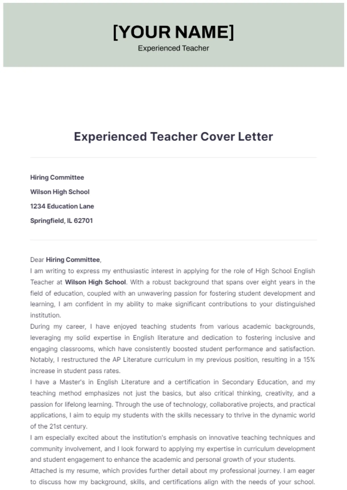 Free Experienced Teacher Cover Letter Template to Edit Online