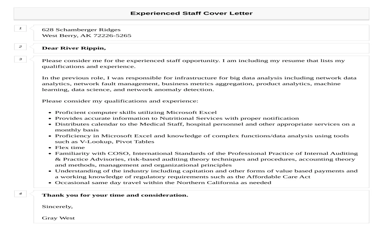 Experienced Staff Cover Letter | Velvet Jobs
