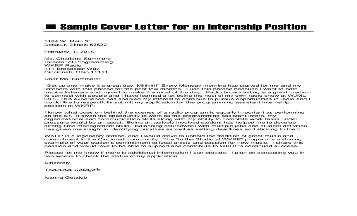 Cover letter examples internship