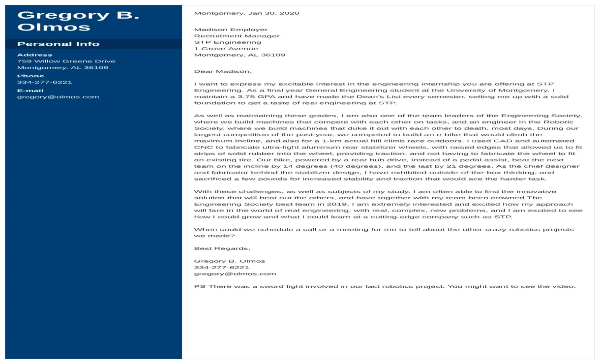 Engineering internship cover letter examples & guide