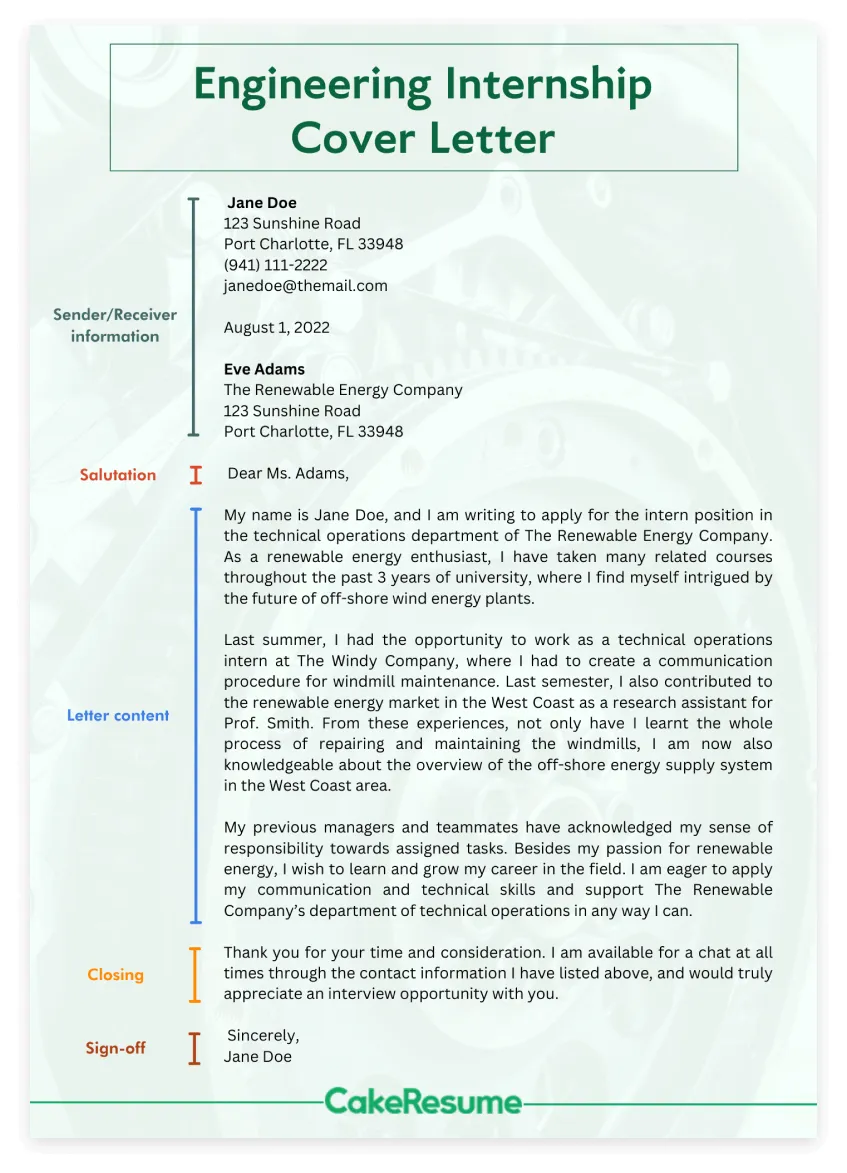 Engineering internship cover letter