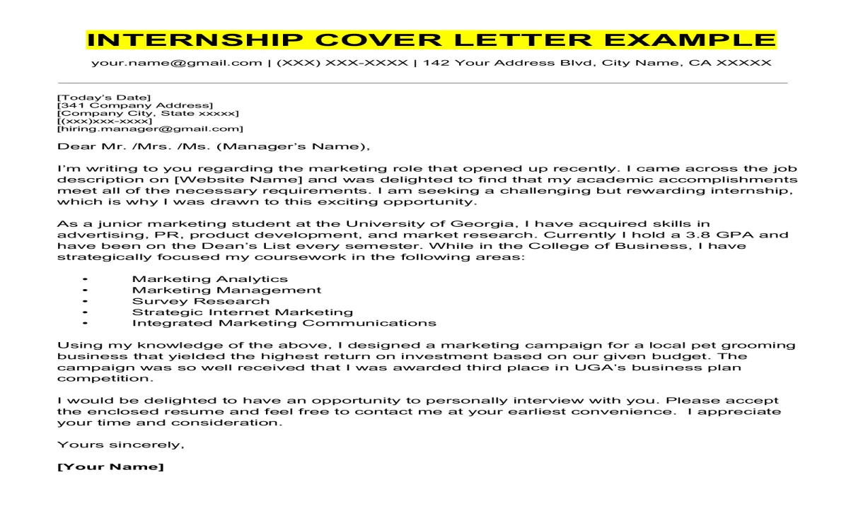 Examples and guide for an internship cover letter
