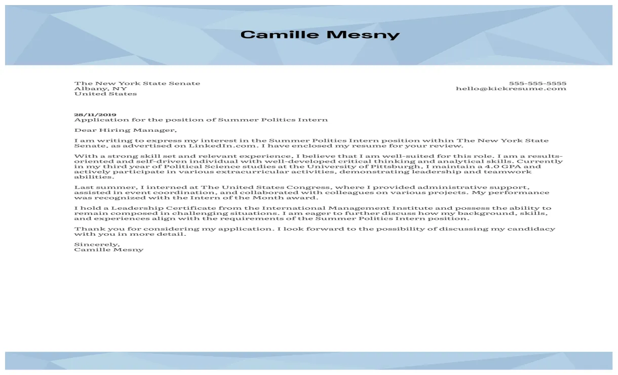 Politics internship cover letter example kickresume