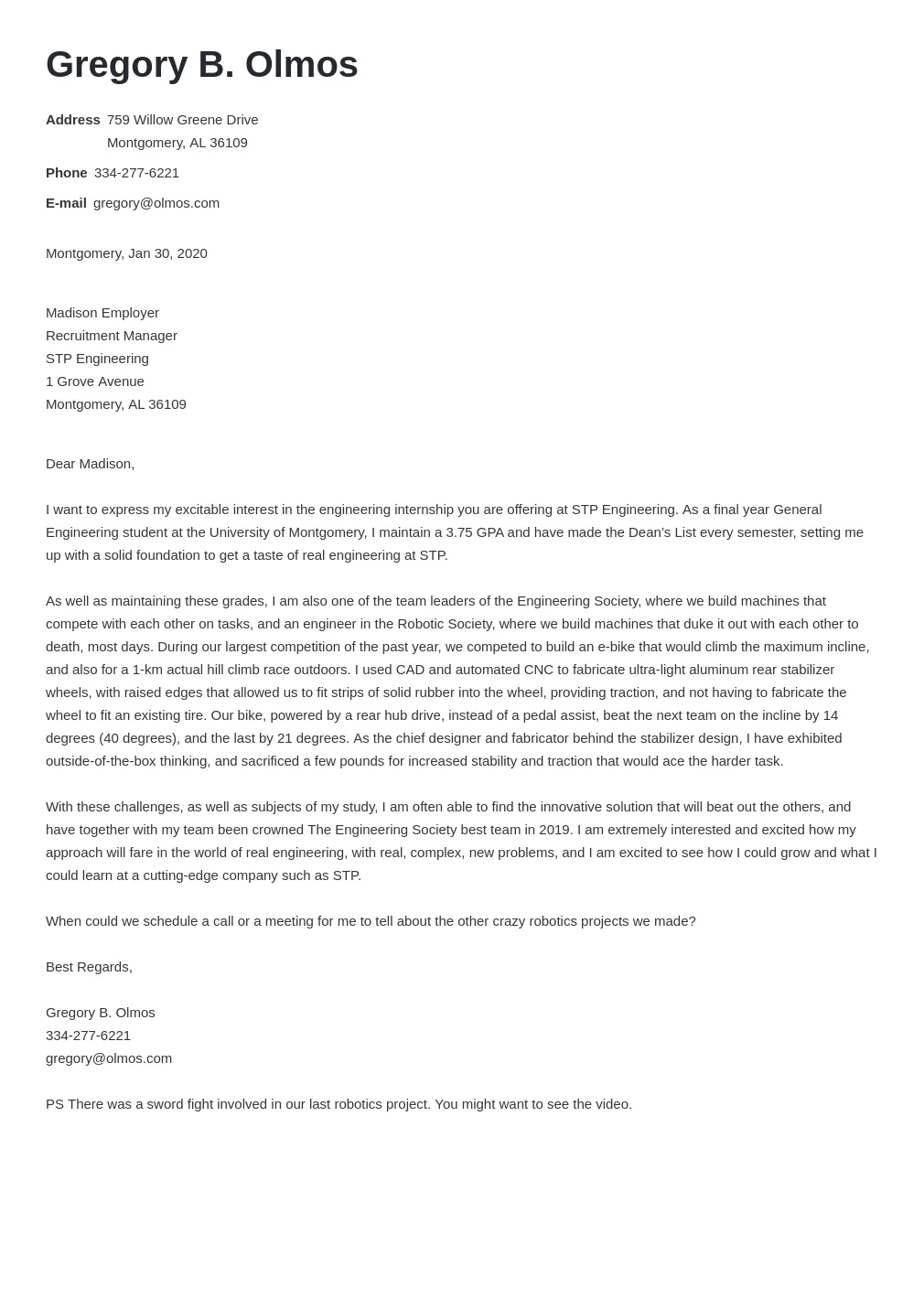 Engineering internship cover letter examples & guide