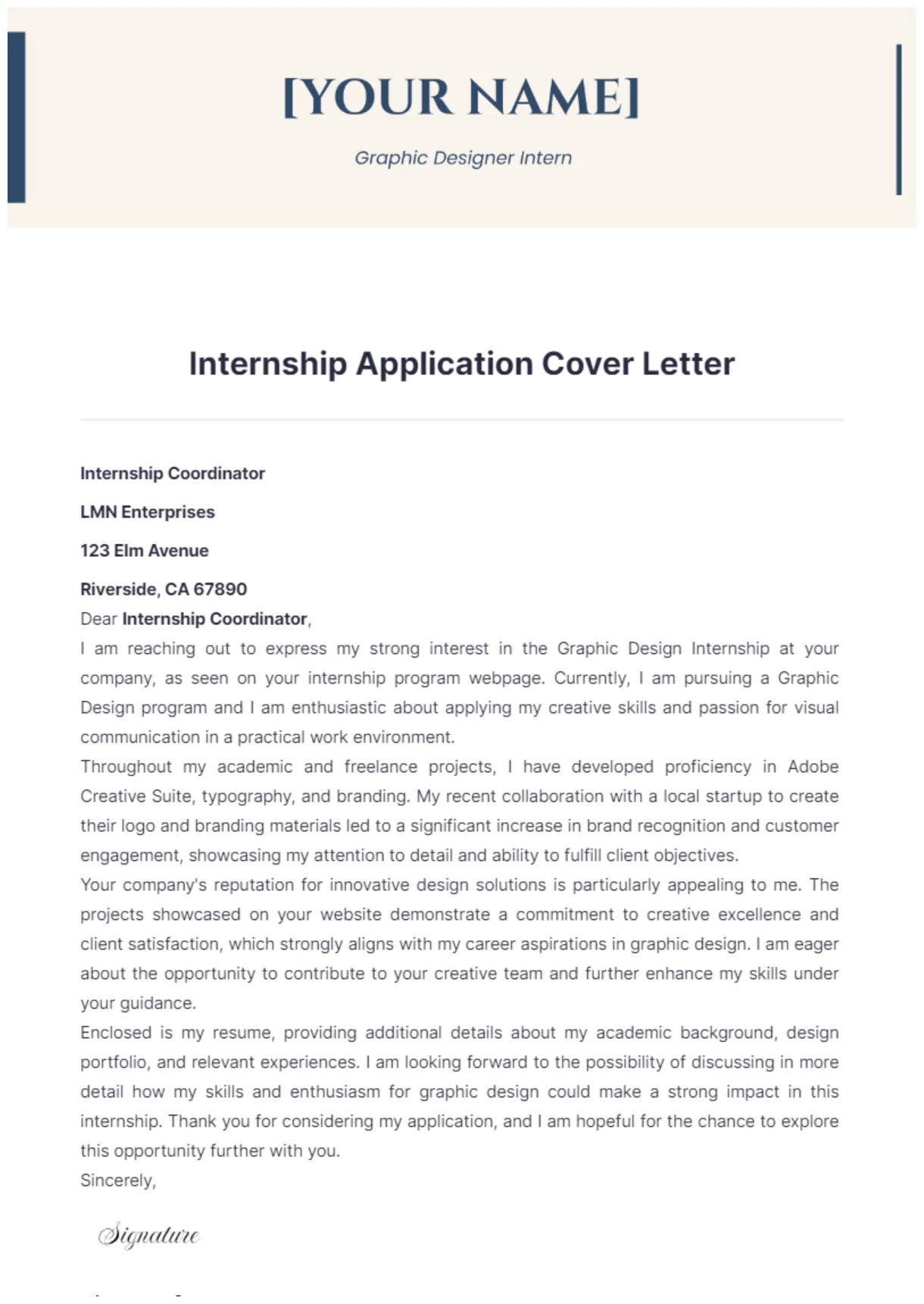 Free internship application cover letter template to edit online printable coloring page