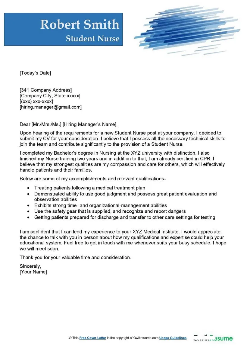 Cover letter template nursing student