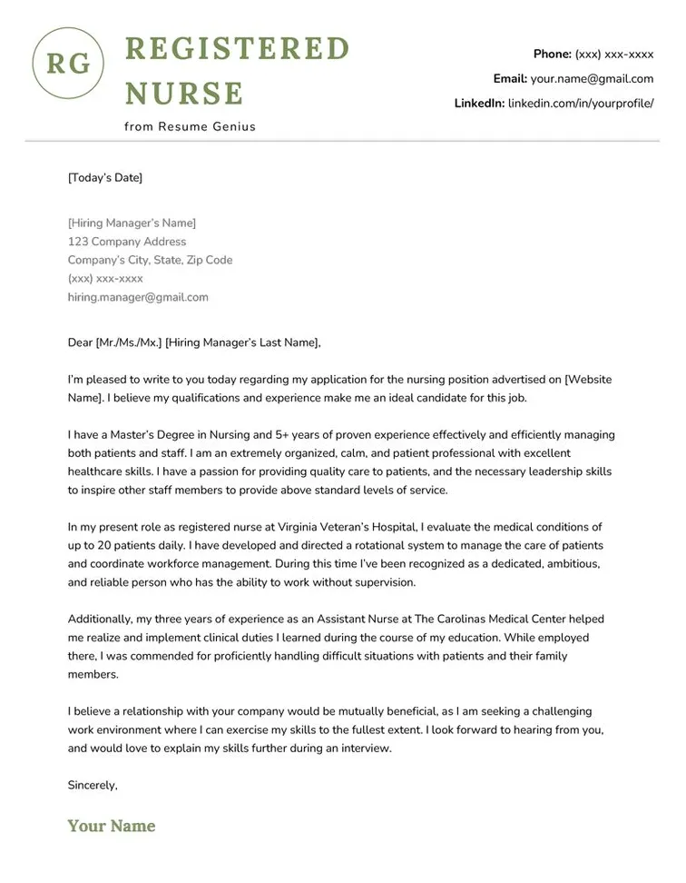 Nursing cover letter example resume genius nursing cover letter