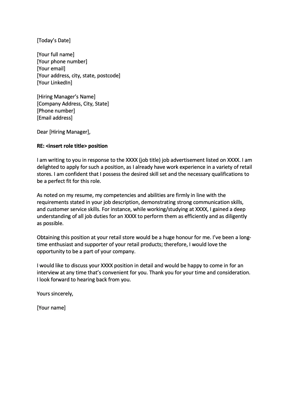 Example Cover Letter for Retail - Training.com.au
