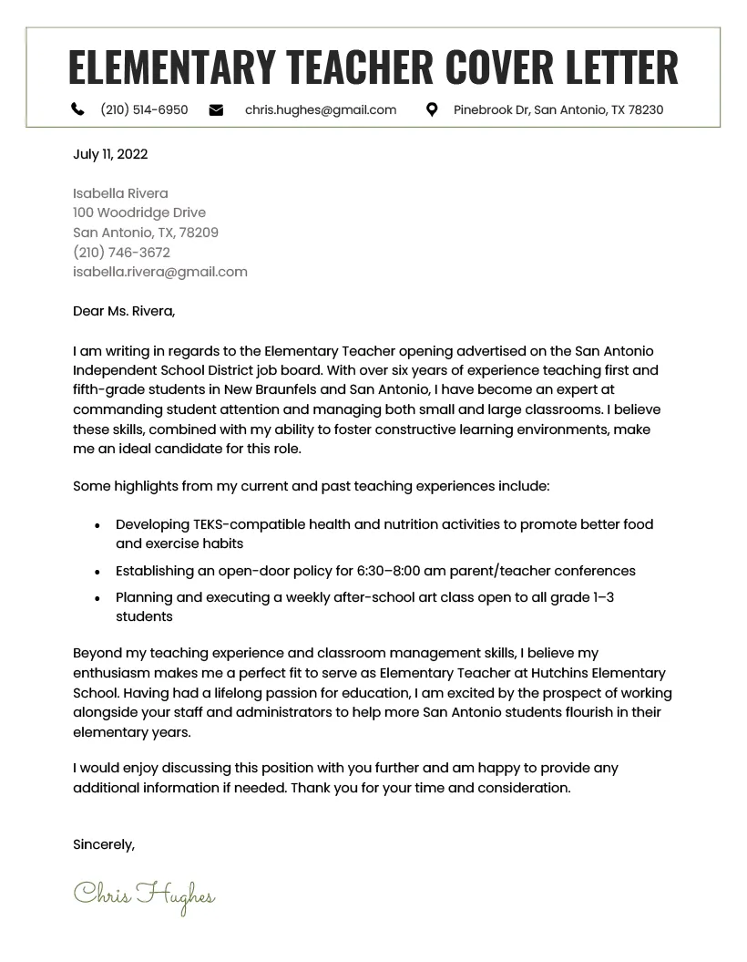 Teacher Cover Letter Example & Writing Tips | Resume Genius