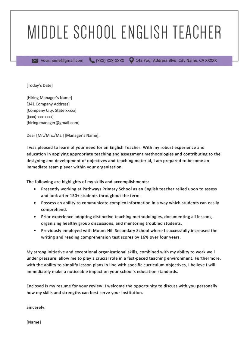 Cover Letter Teacher Template