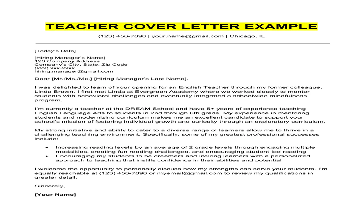 Cover Letter Teacher Template