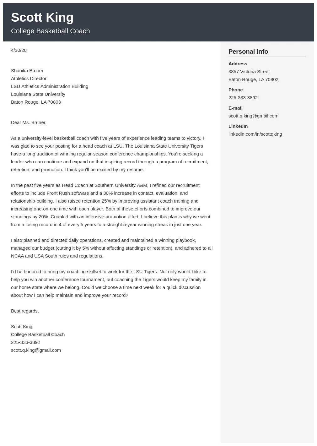 Coaching cover letter examples & guide for a coach position