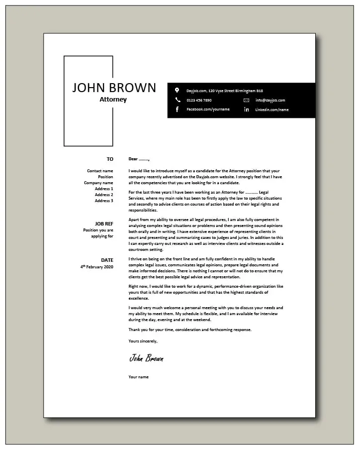 Attorney cover letter, sample, example, legal, work history, academic, cv