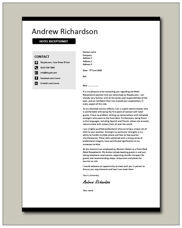 Hotel receptionist cover letter, guest service, sample, example, front printable coloring page