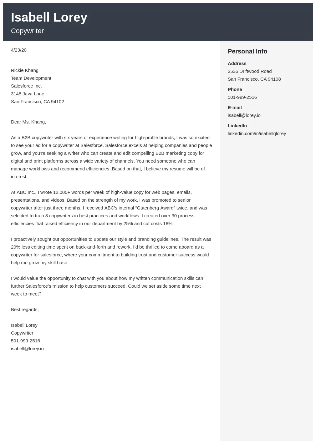 Copywriter cover letter examples & writing guide