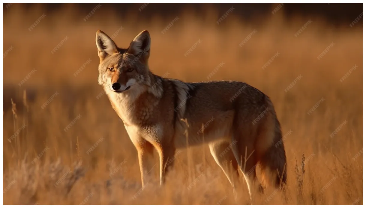 Premium ai a coyote stands in a field with a sunset behind it