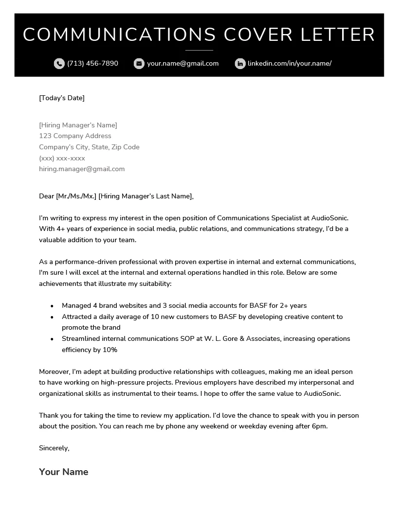 Communications Cover Letter - Examples, Template, & Tips