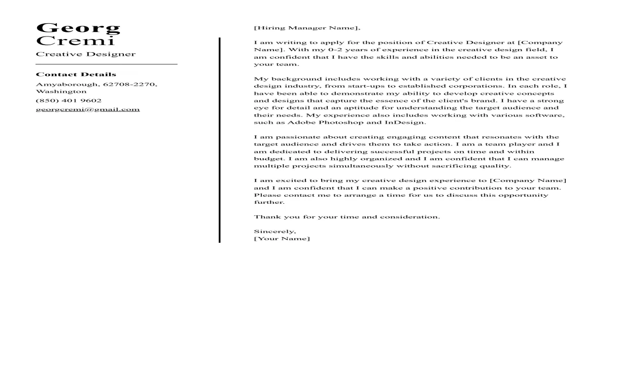 Creative Designer Cover Letter Example for 2024