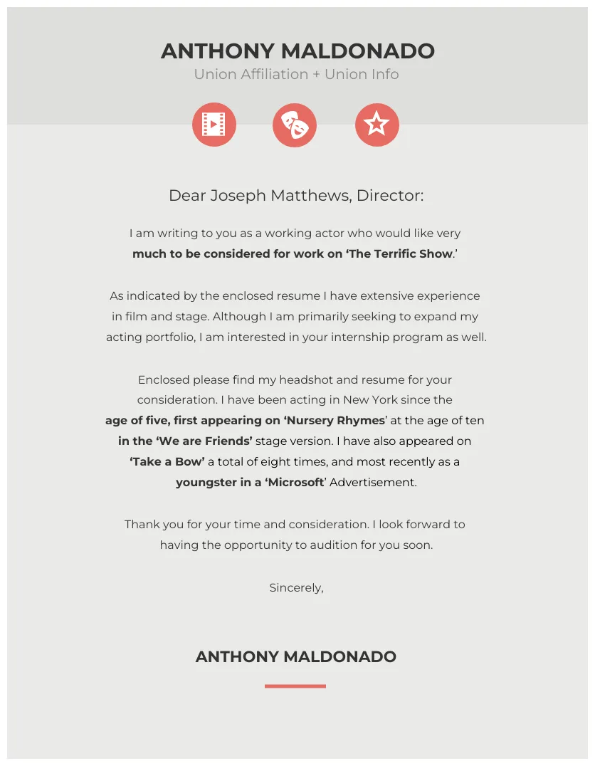 Creative Acting Cover Letter Template - Venngage