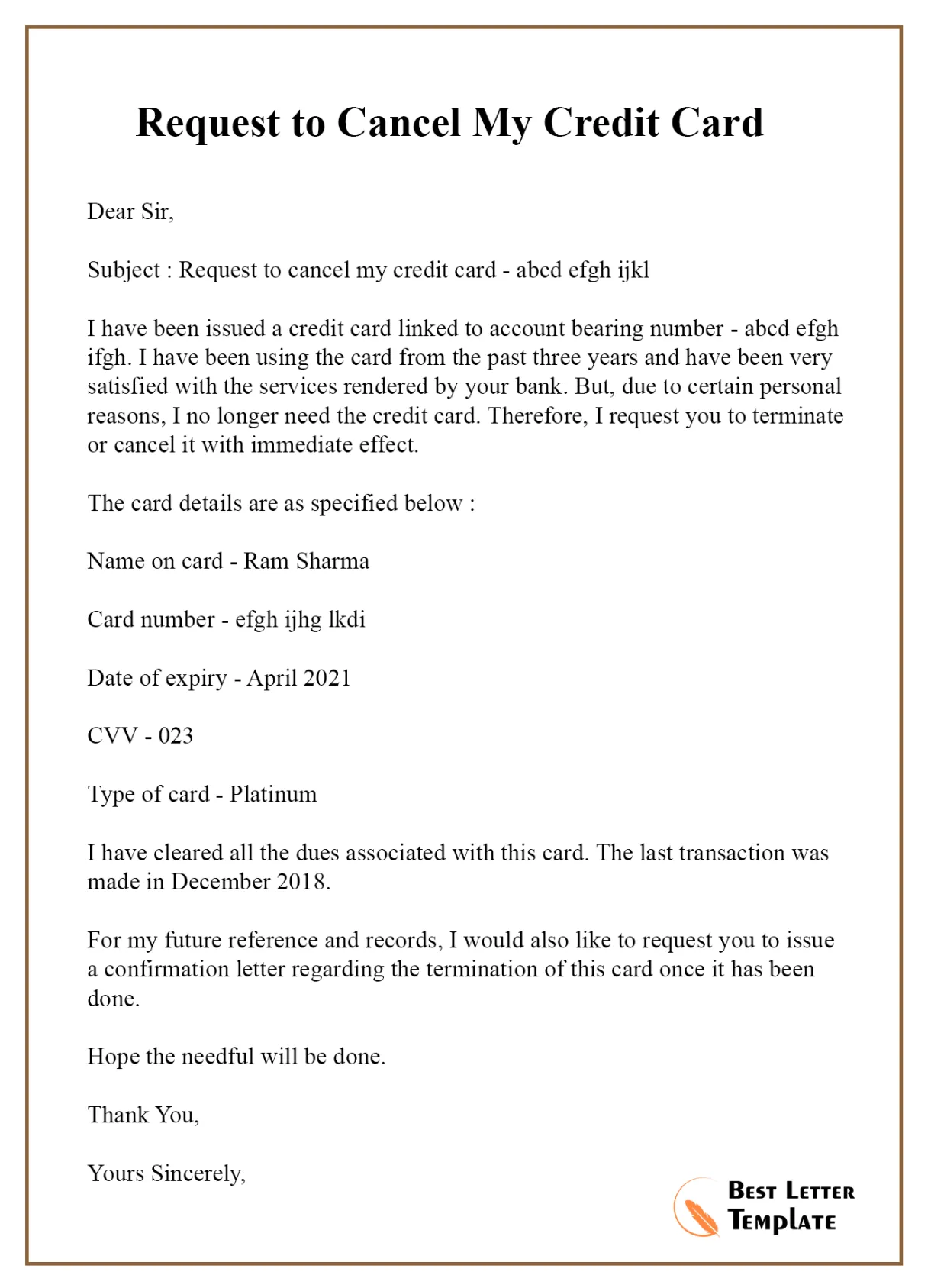 5+ sample cancellation letter template for credit card services
