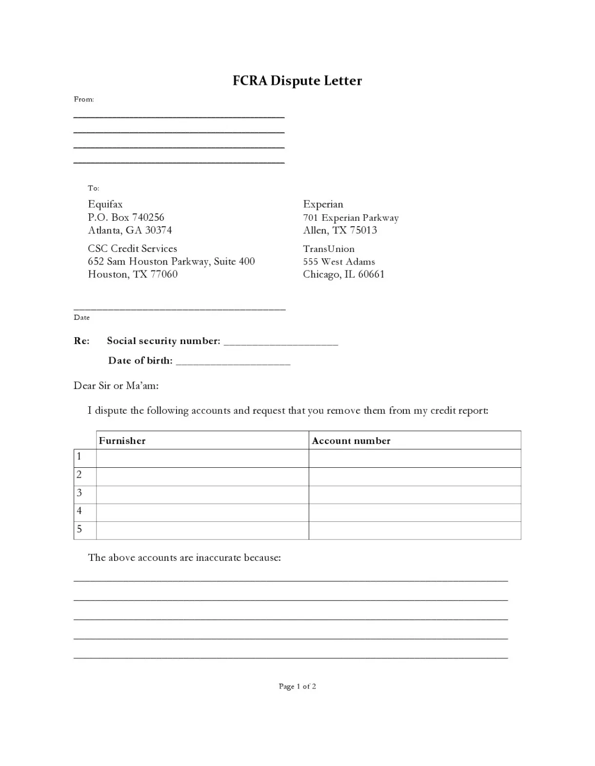 Credit dispute letter printable coloring page