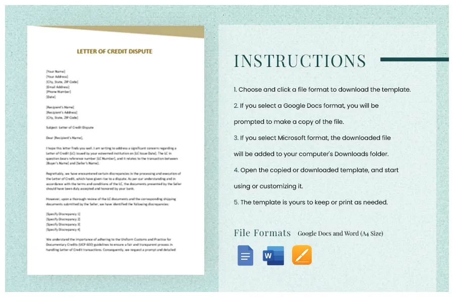 Letter of credit dispute in word, google docs, pages download