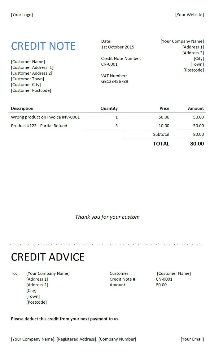 Credit note free templates for shop