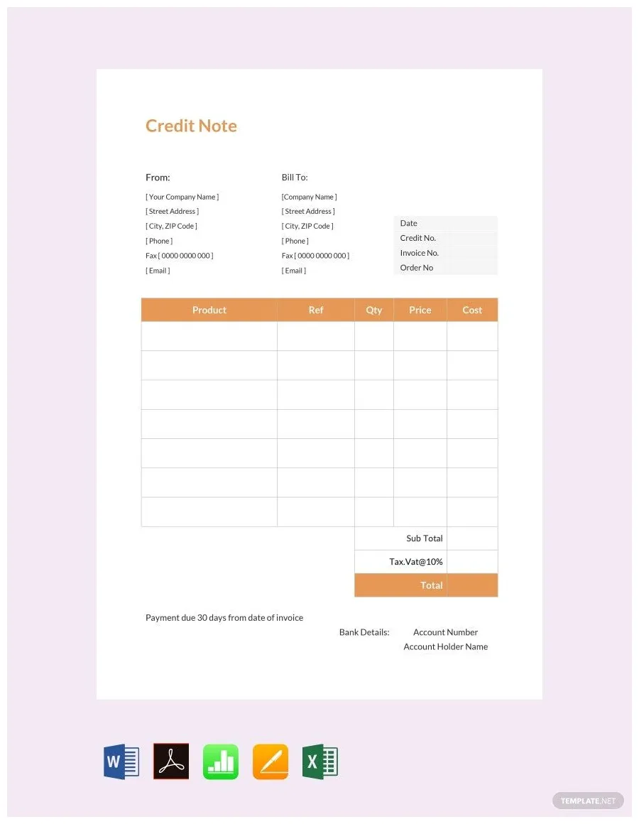 Credit note sample template in word, pdf, numbers, pages, excel, google