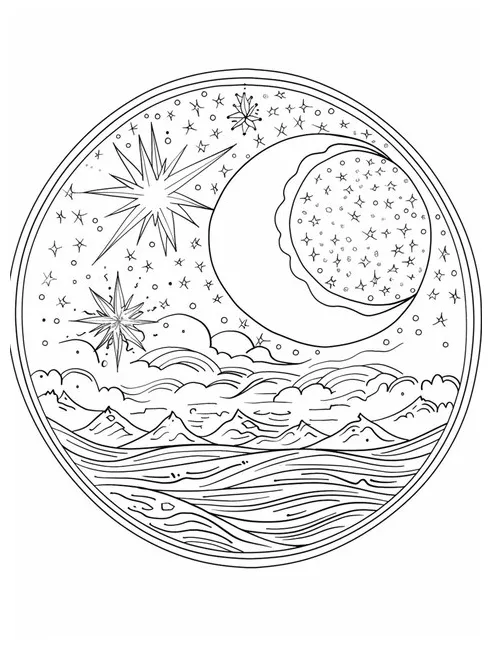 Premium a coloring page with a crescent and stars in the sky