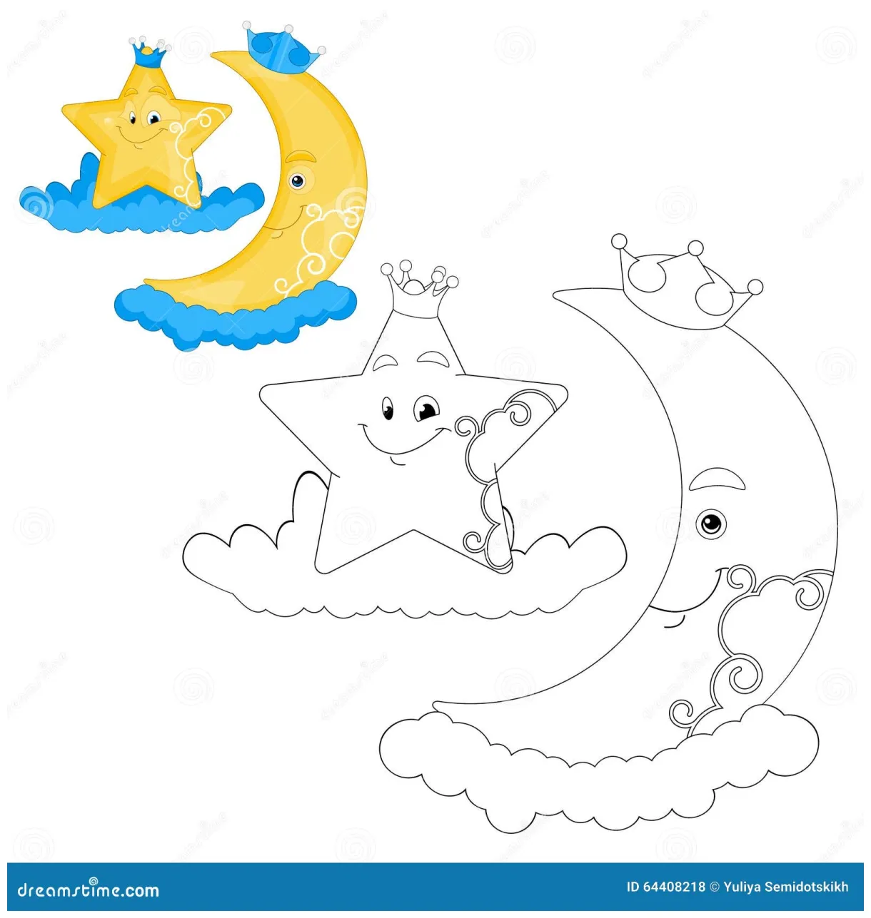 Crescent moon and star coloring book page stock vector illustration