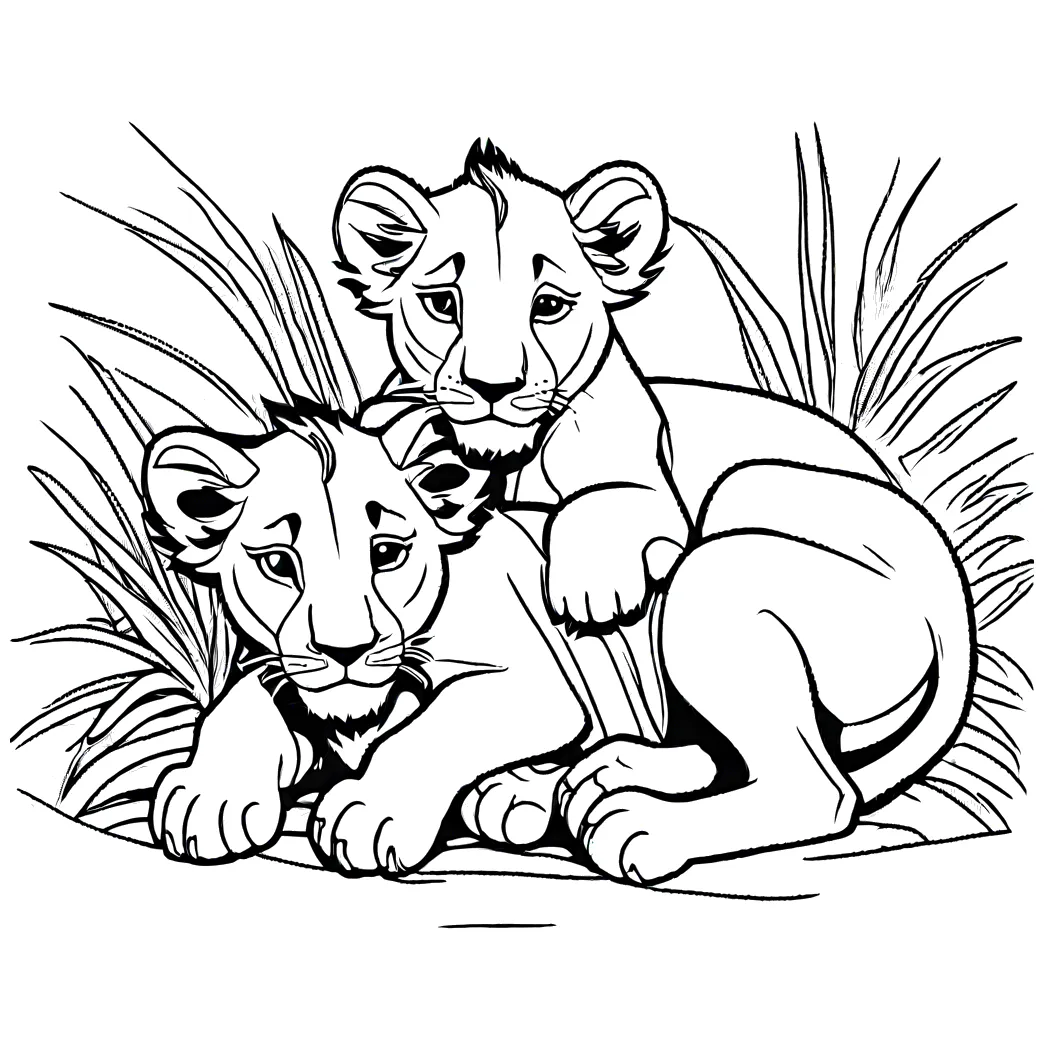 Two sleepy lion cub in den coloring page Lulu Pages
