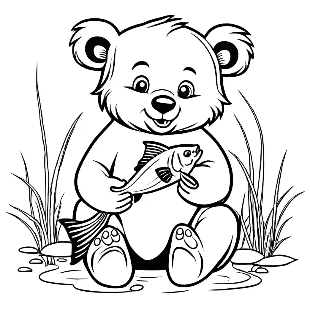 Cute bear cub with fish coloring page Lulu Pages