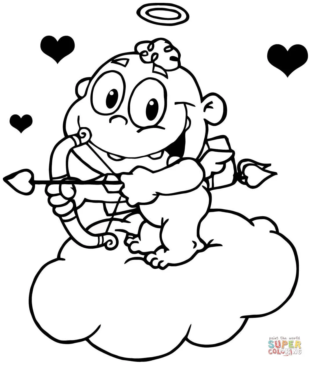 Cute cupid with bow and arrow flying with hearts coloring page free