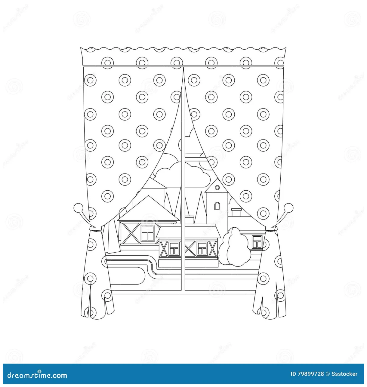 Coloring page design with window curtain vector illustration printable coloring page