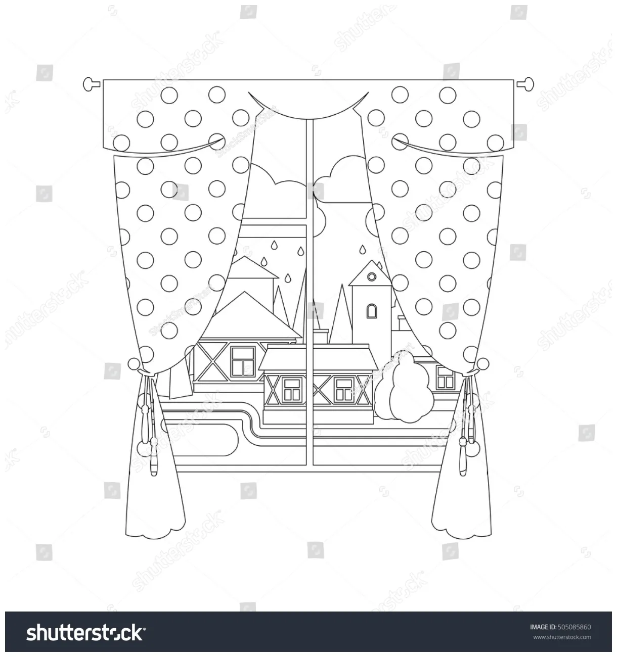 Coloring page design window curtain rainy stock vector