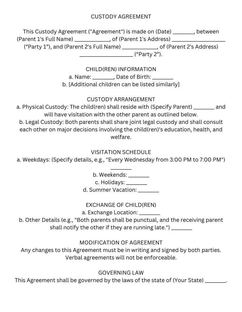 Custody Agreement Template - Etsy