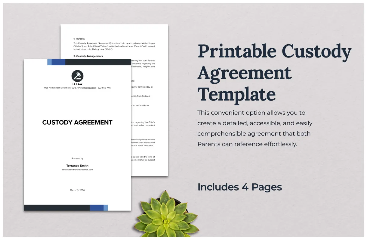 Printable Custody Agreement Template in PDF, Word, Google Docs