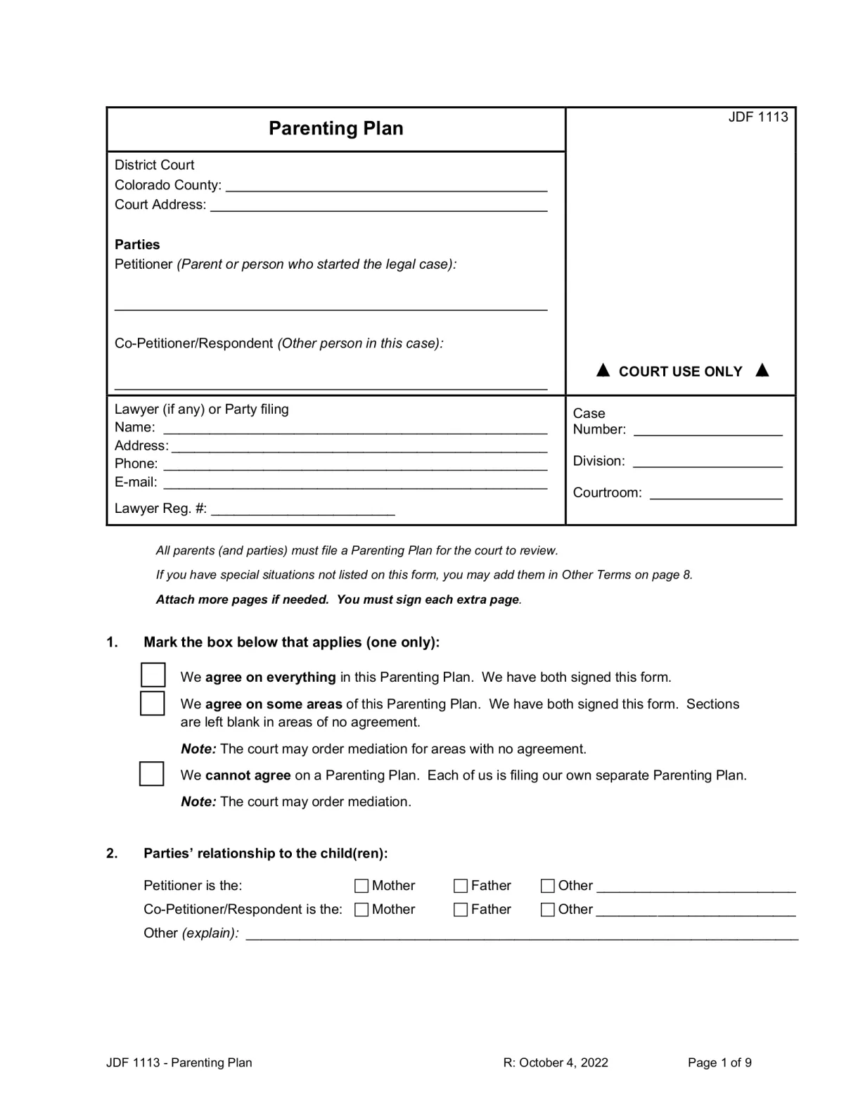 Free Colorado Custody (Parenting) Plan - PDF – eForms