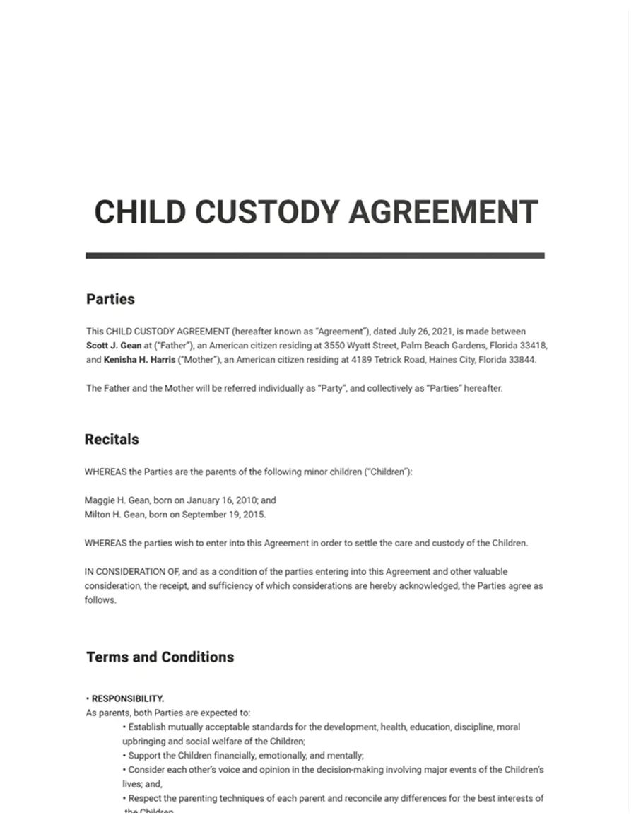 Child Custody Agreement Template - Google Docs, Word, Apple Pages