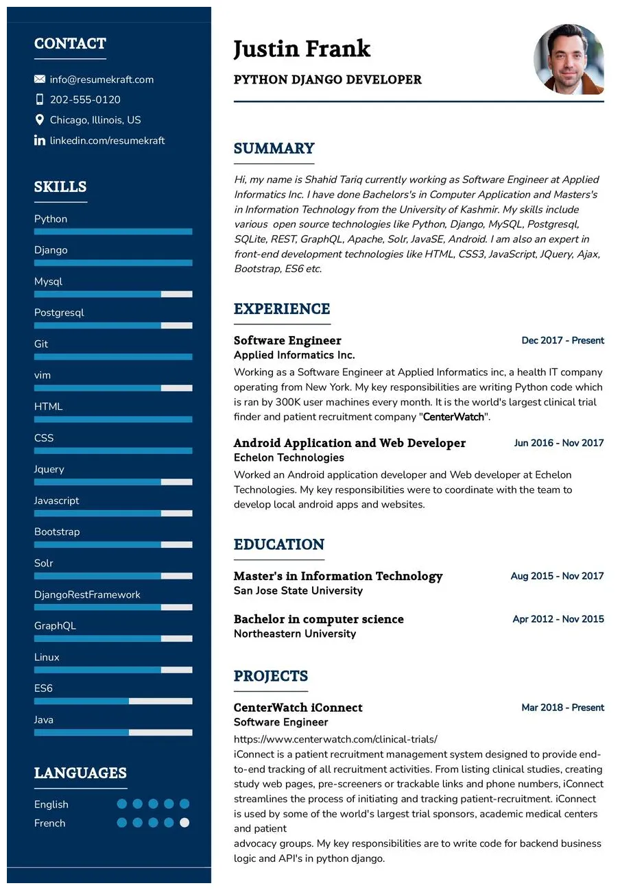 Python Django Developer CV Sample in 2025 - ResumeKraft