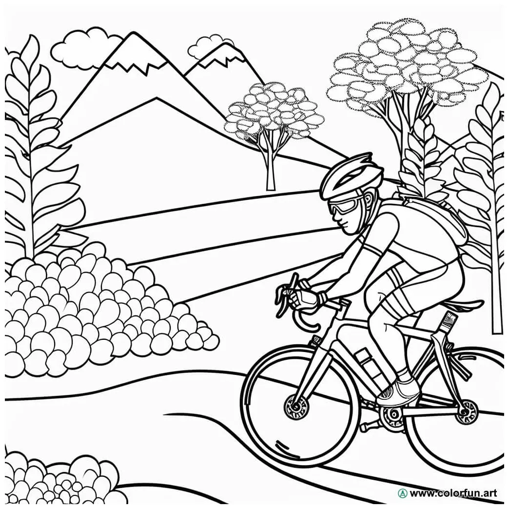 Coloring page of a cyclist on a mountain road Download or Print for free