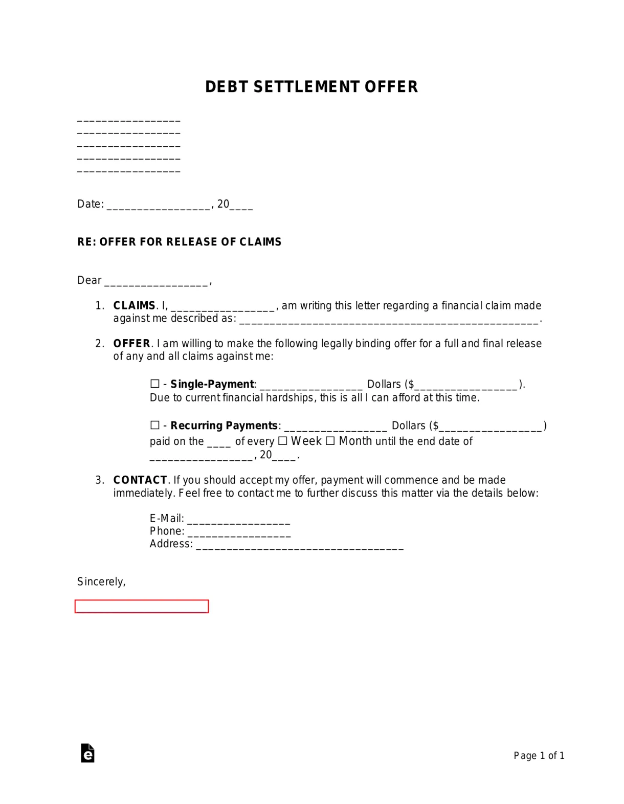 Free debt settlement offer letter sample template pdf word eforms