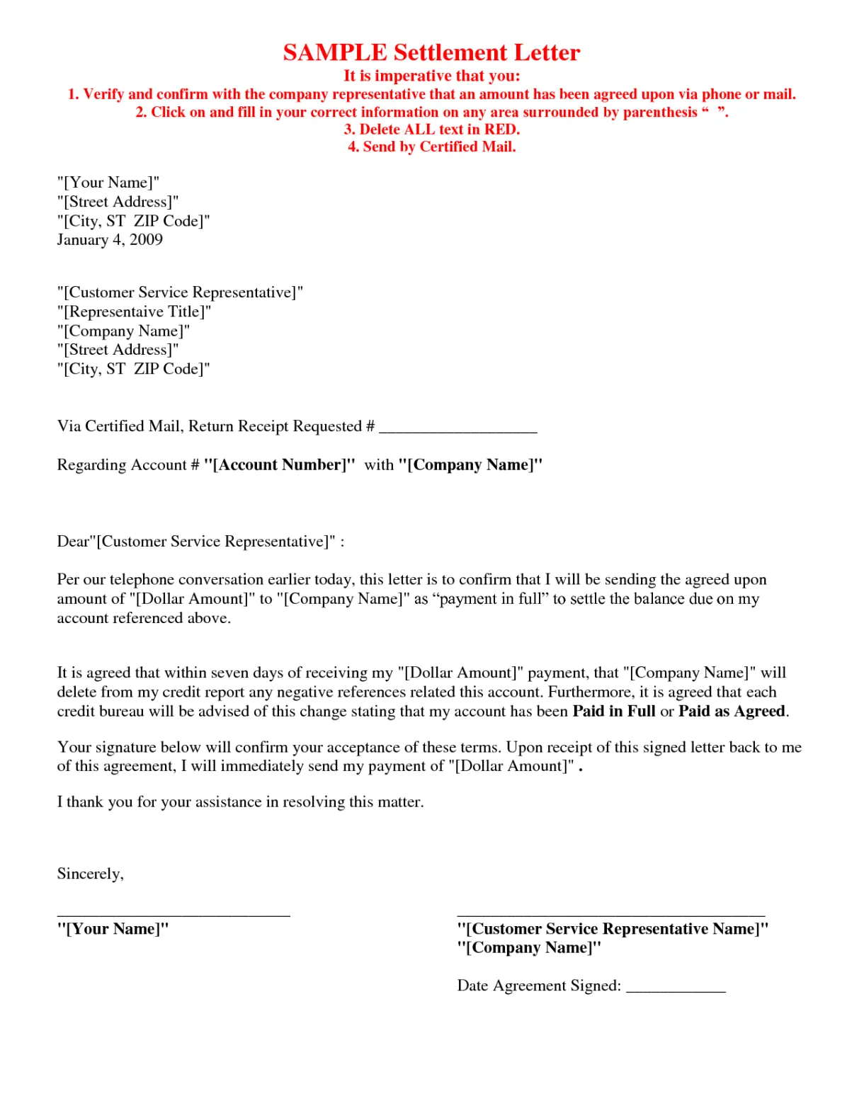 Debt settlement agreement letter free printable documents