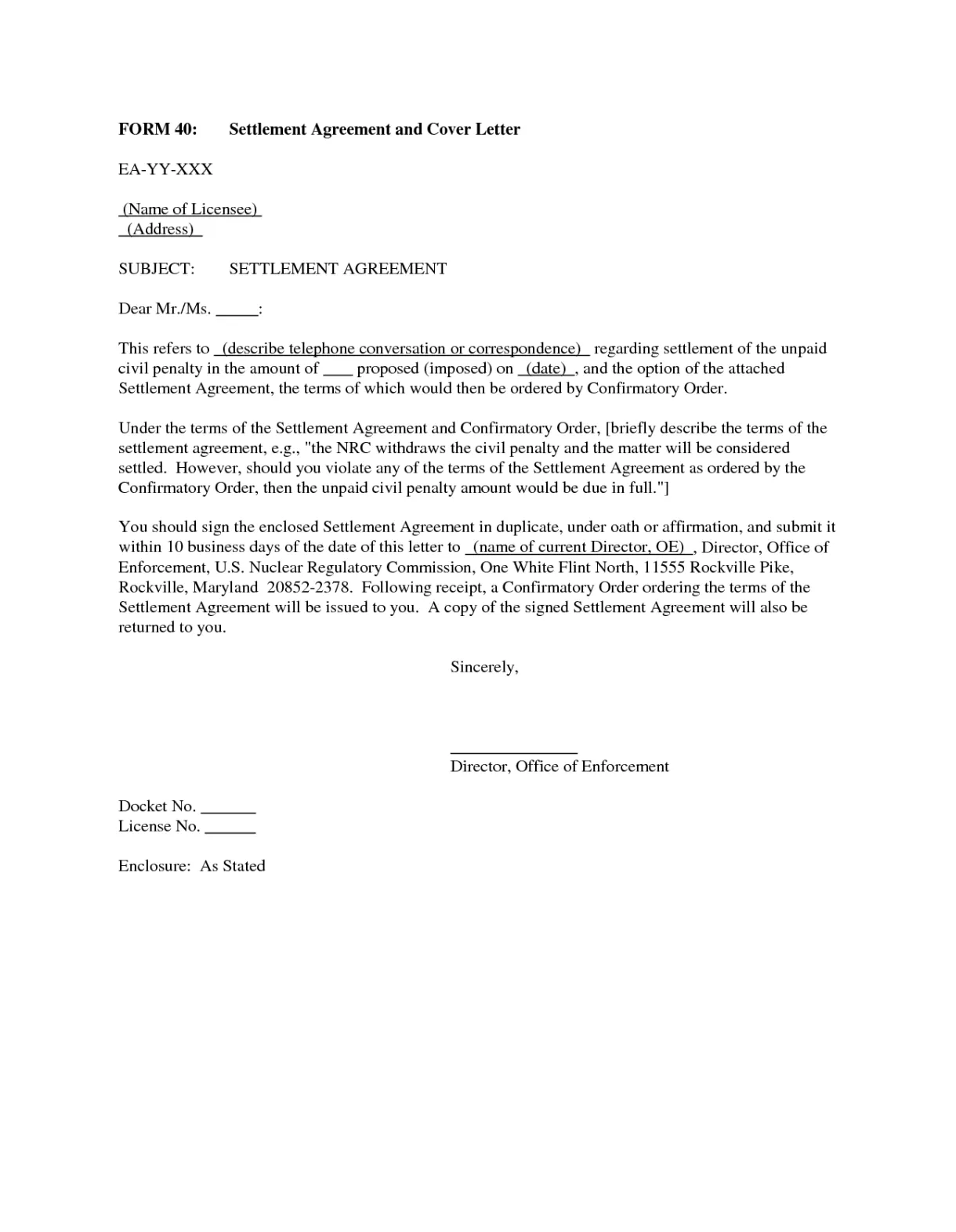 Debt settlement agreement letter free printable documents