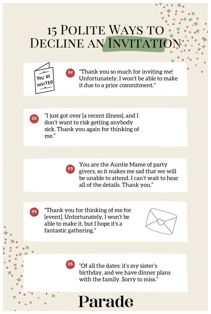 How to politely decline an invitation 15 ways to say no parade