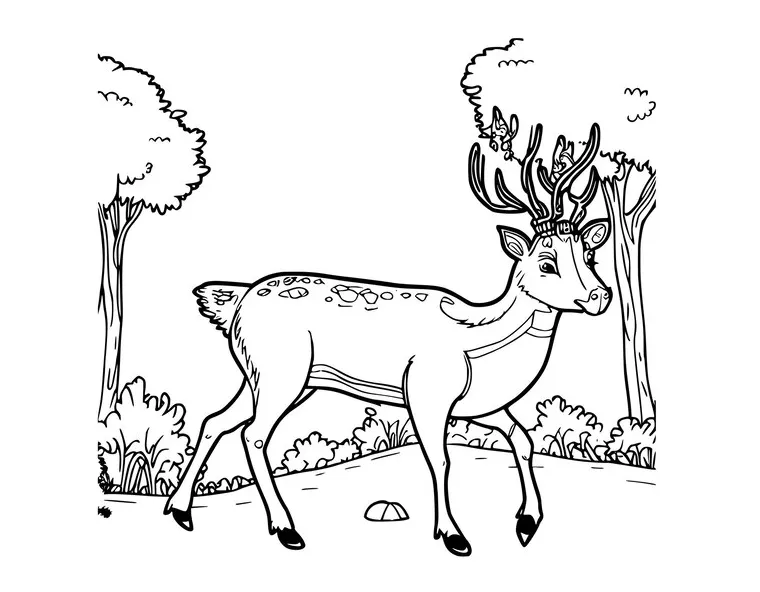 Premium vector deer walking in the forest coloring page for kids