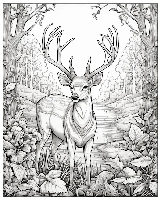 Premium coloring page with deer in forest