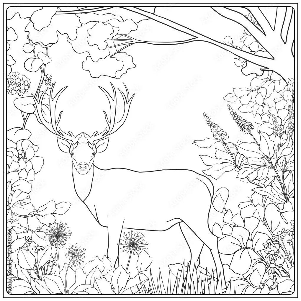 Coloring page with deer in forest. stock vector adobe stock
